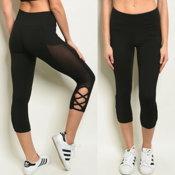 Pants - Black Leggings with Mesh Detail